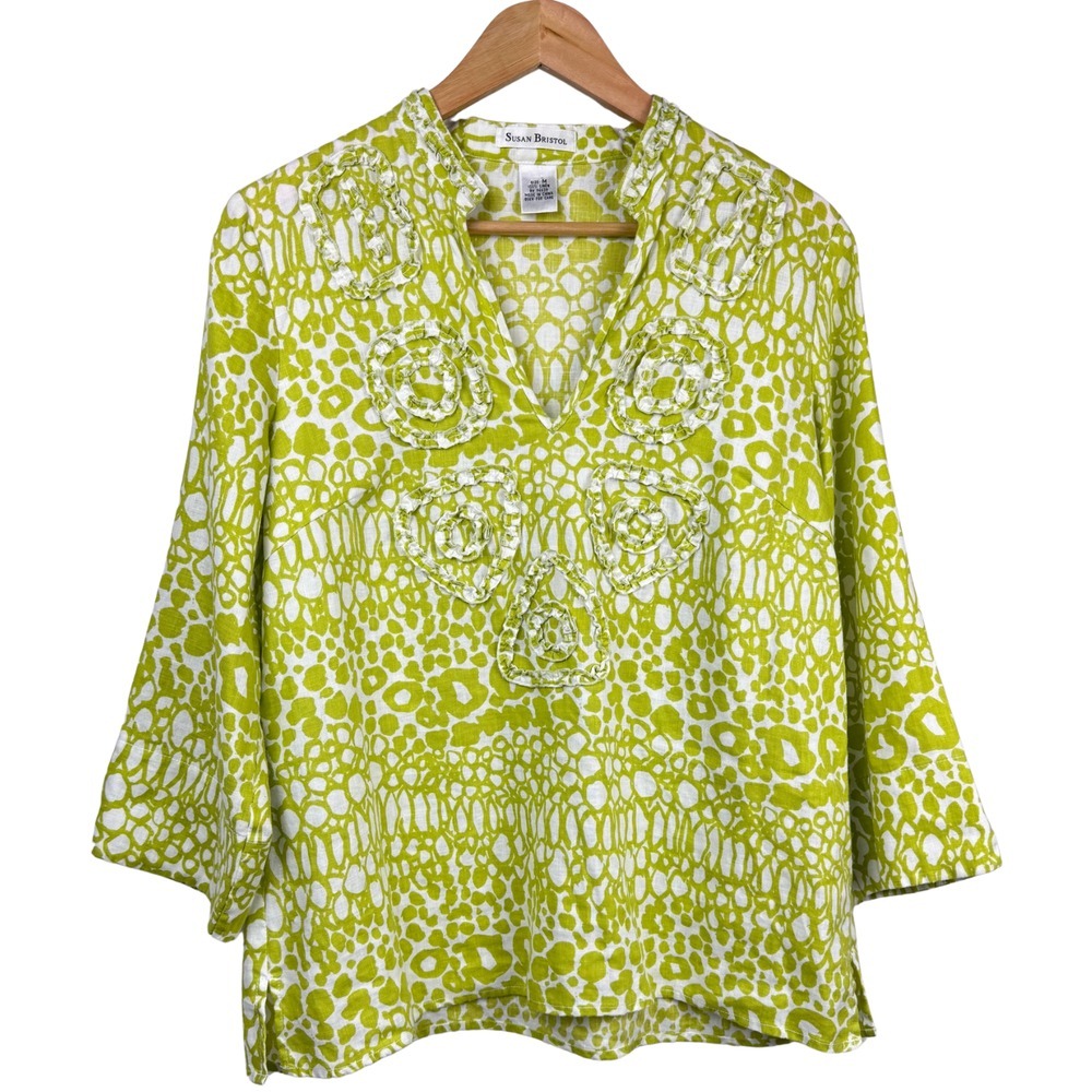 Susan Bristol Blouse Womens Linen Appliques 3/4 Sleeves Slits Medium Green/White